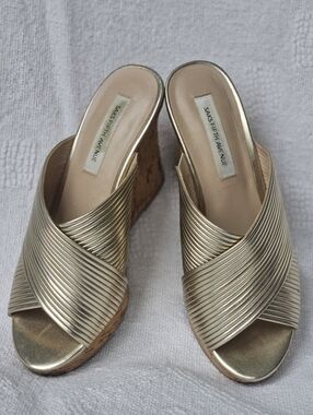 Saks Fifth Avenue Metallic Gold Crisscross Cork Wedges
